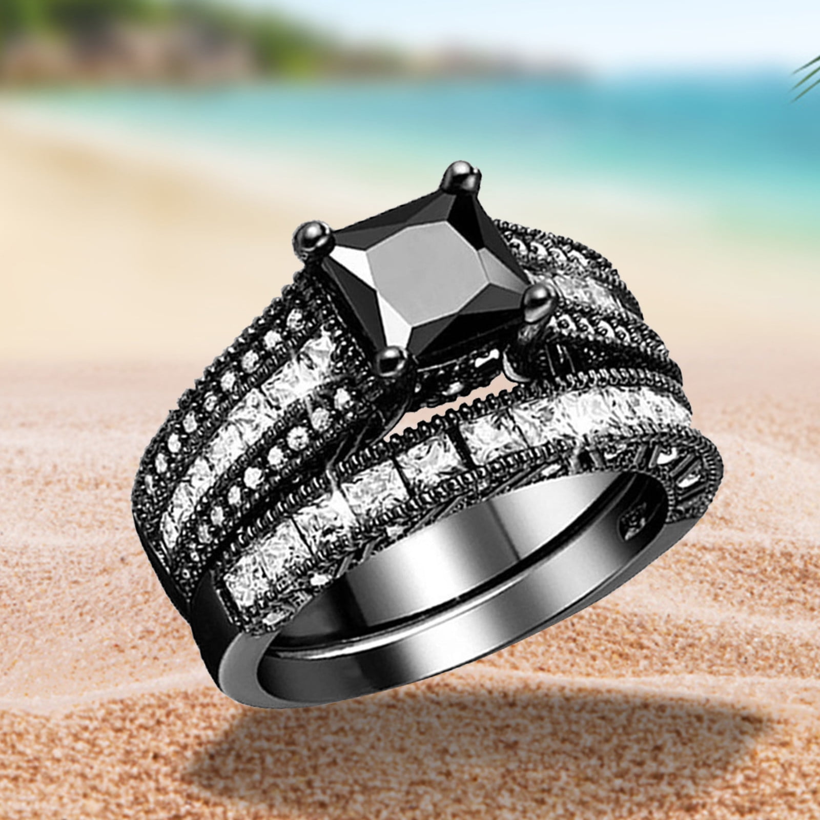 1 Carat Black Rutilated Quartz Wedding Ring Set Black Onyx Diamond Ring